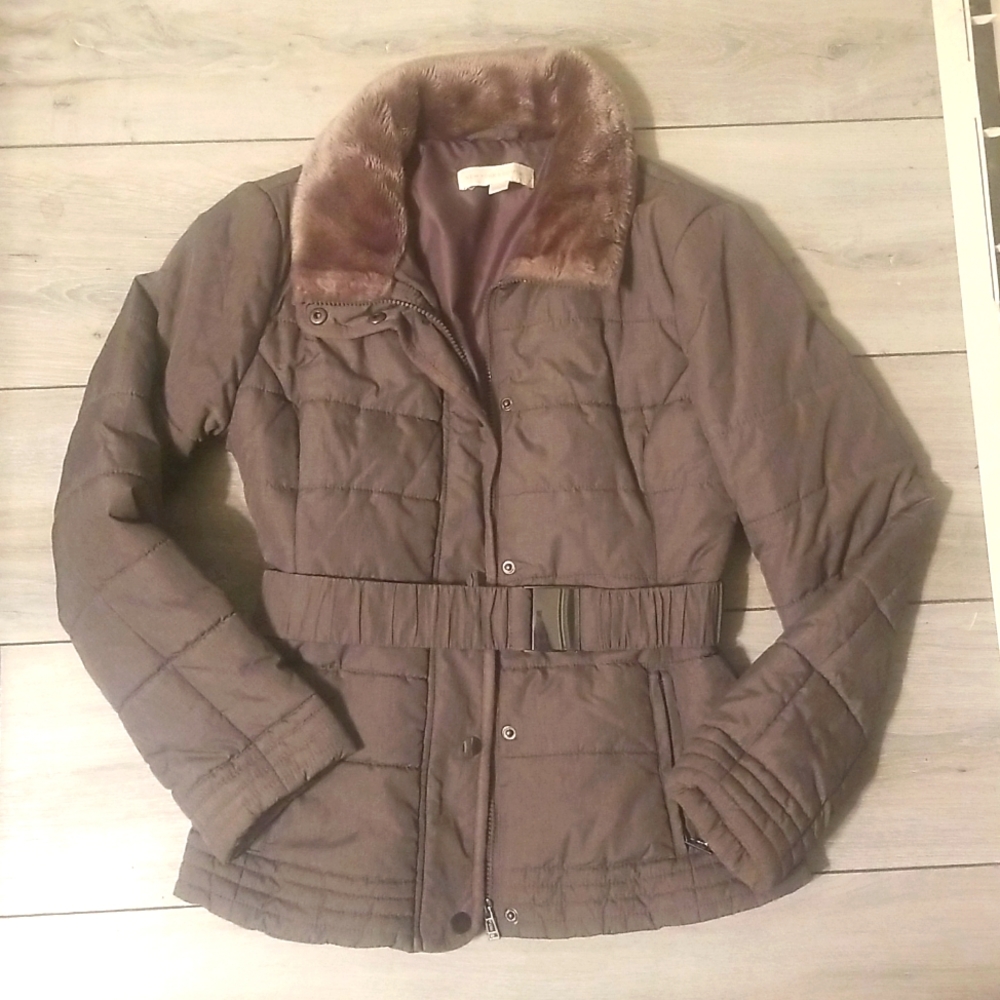 New York & Company Gray Winter Jacket XS with Faux Fur Neck and Removable Belt